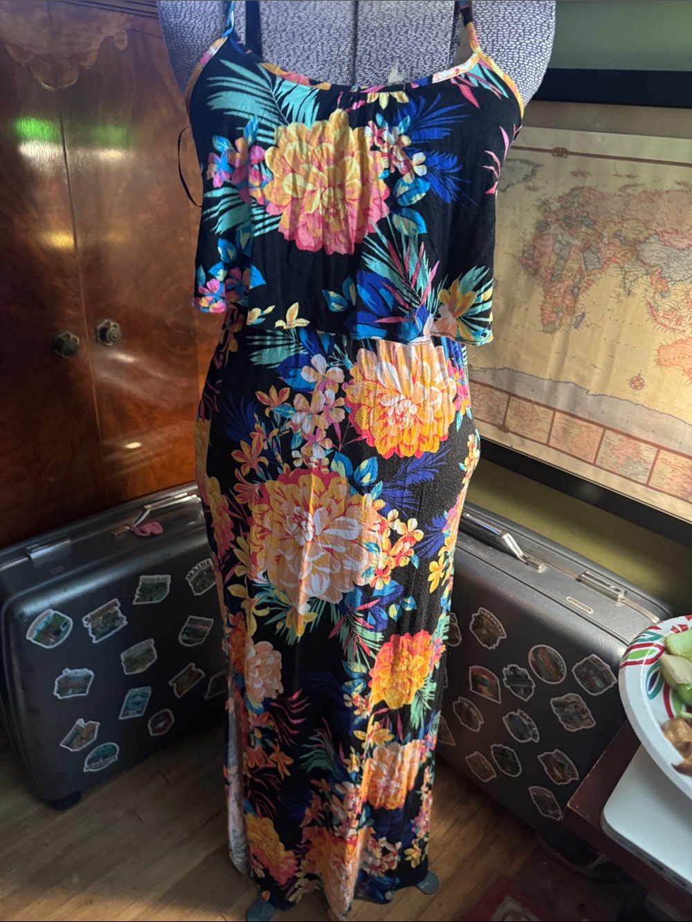 Candie's Tropical Floral Black Overlay Halter Maxi Dress Sz S Boho Vacation